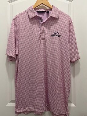 Bobby Jones Pink Micro-Check Polo with Navy US AM Tour Embroidered Logo